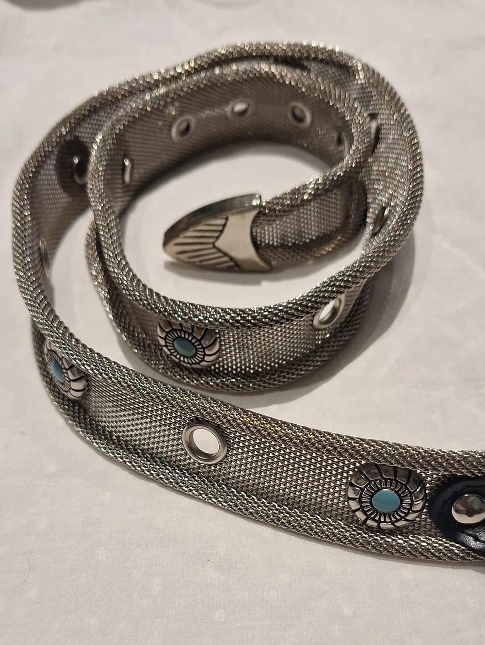 Donna Katz Women's Silver Metallic Studded Belt with Turquoise Accents
